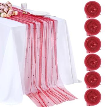 Imagem de LuoluoHouse Caminho de mesa de tule vermelho tecido pérola: véu de Natal sobremesa chiffon pérola renda boho 6 peças sobreposição corredor de casamento decorações de festa doilies