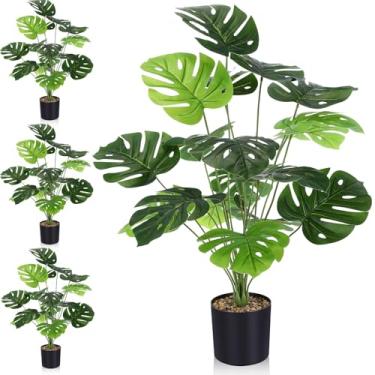 Imagem de Giegxin Pacote com 4 plantas falsas de 71 cm de altura Monstera artificiais em vaso sintético 18 folhas decorativas verde sálvia para decoração de casa e árvore