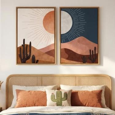 Imagem de Arte de parede emoldurada boho sol e lua para decoração de quarto, conjunto de 2 obras de arte de paisagem de cactos do deserto, impressões de pinturas boêmias modernas de meados do século para sala
