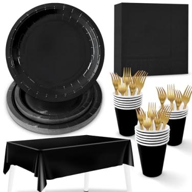 Imagem de ZVK Conjunto de pratos de papel preto para festas, guardanapos e copos, louça descartável de cor sólida para todos os dias