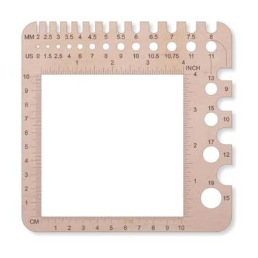 Imagem de 1 régua de madeira para tricô e crochê, medidor de agulha, contador de pontos, giratório, ferramenta de medição, acessório de artesanato quadrado (15 cm/5,9 polegadas)