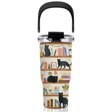 Imagem de Copos para gatos de 590 ml – Copo de gato preto com cabo de palha, à prova de vazamento, livre de BPA, isolamento de parede dupla, presentes para gatos para amantes de gatos, copo de café isolado copo