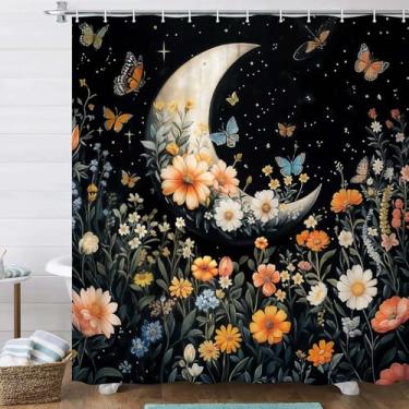 Imagem de JAWO Cortina de chuveiro de lua, decoração de banheiro preta gótica bruxa com flores coloridas, lua celestial de borboletas, cortina de banheira de tecido impermeável com 12 ganchos para um estilo de