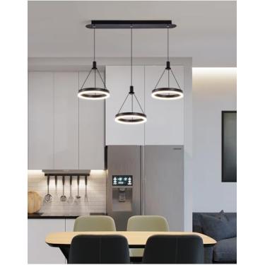 Imagem de Luminária pendente LED dimerizável com 3 anéis, moderna, preta, para ilha de cozinha, sala de jantar, sala de estar, mesa de jantar, bar, escritório, altura ajustável, redonda.
