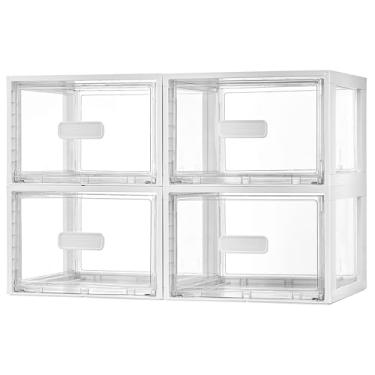 Imagem de Vtopmart Pacote com 4 gavetas brancas empilháveis de 18 litros, organizadores de armário de acrílico fáceis de montar, caixas de armazenamento de plástico para banheiro, armário, despensa de cozinha