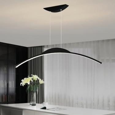 Imagem de Luminária pendente LED moderna em arco | Luminária linear regulável para mesa de jantar com controle remoto | Luminária suspensa com altura ajustável | Lustre para sala de estar e ilha de co