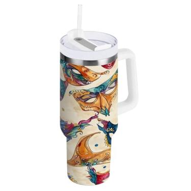 Imagem de Blueangle Copo isolado com padrão de máscaras de carnaval de 1,134 g com alça e tampa de palha, caneca de viagem reutilizável de aço inoxidável (62)