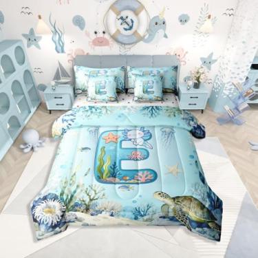Imagem de Erosebridal Jogo de cama infantil fofo Axolotl com inicial E e solteiro, 7 peças, para meninos e meninas, adolescentes, azul, desenho animado axolote, cama em uma bolsa, kawaii, salamandra, oceano