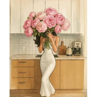 Imagem de Kit de pintura por números para adultos iniciantes, mulheres segurando flores, kits de pintura fácil por números, tela sem moldura, pintura a óleo acrílica faça você mesmo, kits de pintura por números