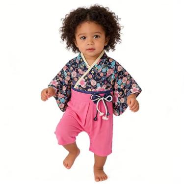 Imagem de SZCQ Macaquinho de quimono para bebês meninas fantasias japonesas Hakama macacão infantil samurai azul floral GG (2-3 anos)
