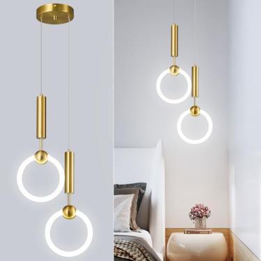 Imagem de ADCTHOME Luminárias pendentes de LED modernas, iluminação pendente de ouro simplicidade, lustre suspenso circular para cozinha, ilha, sala de jantar, quarto, entrada corredor (ouro - 2 luzes)