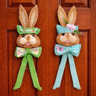 Imagem de Dupla Decoração De Páscoa Pendente Cabeça Coelho Palha 50cm
