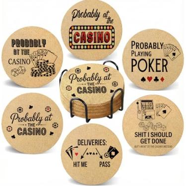 Imagem de Porta-copos com tema de jogos de azar de 6 peças com suporte de metal, porta-copos de pôquer bem-humorados