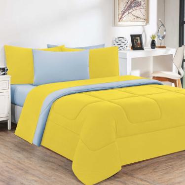 Imagem de Kit Edredom + Jogo De Lençol Malha 100% Algodão Gran Moratta 6 Peças King - Amarelo/Azul Bebê