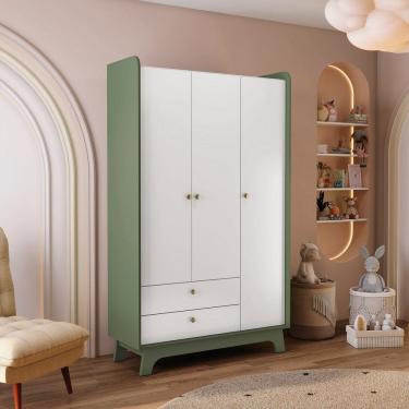 Imagem de Armário 3 Portas e 2 Gavetas Infantil de Madeira Verde Oliva / Branco