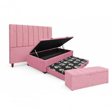 Imagem de Kit De Quarto Heitor Bicama Baú Solteiro 88 X 188 Cm Cabeceira De Cama E Calçadeira Baú Solteiro 90 Cm Veludo Rosa