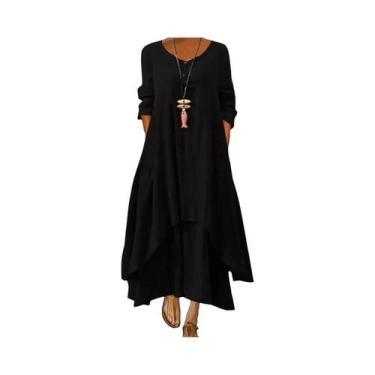 Imagem de Vestido longo solto feminino com botão, cor sólida, algodão, moda casu