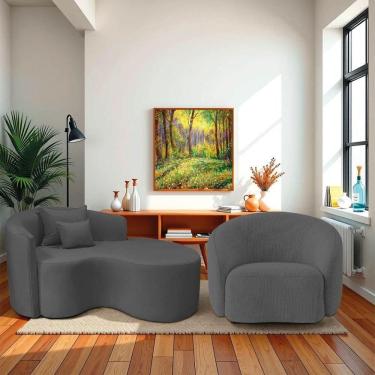 Imagem de Kit Recamier Curvo Sala De Estar 150cm Lado Direito E Poltrona Orgânica Amore Linho Cinza Escuro