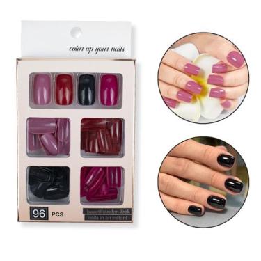Imagem de Kit 96 Unhas Postiças Quadrada Colorida Vermelho Preto Rosa Unhas Deco