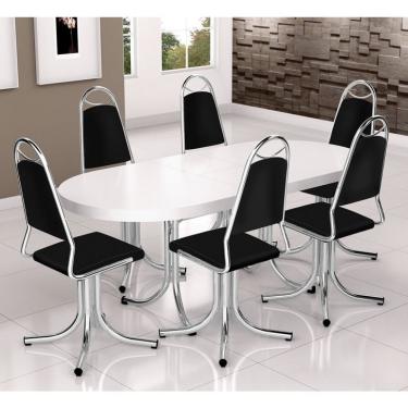 Imagem de Conjunto de Mesa de Jantar Extensível com Tampo Branco Mascavo e 6 Cadeiras Ashlee Vinil Preto