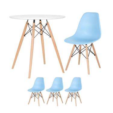 Imagem de Mesa Redonda Eames 70 Cm Branco + 3 Cadeiras Eiffel Dsw Azul Claro