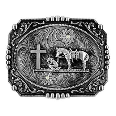 Imagem de Moranse Fivelas de cinto com design de cavalo e oração de caubói com cruz religiosa, Prata quadrada, middle