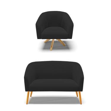 Imagem de Kit 1 Namoradeira E 1 Poltrona Giratória Preto Base Madeira