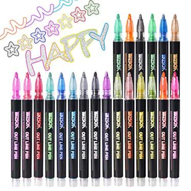 Imagem de (21 Colors-Outline) - ZSCM Self-outline Metallic Markers with Case, 21 Colours Out Line Paint Permanent Marker Pens for Gift Card, Rock Painting, DIY Photo Album, Scrapbook Crafts, Metal, Wood, Ceramic, Glass