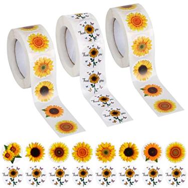 Imagem de 1500 peças de rolo de adesivos de girassol, BENBO 3 rolos de 1 polegada etiquetas de girassol adesivos de flor de agradecimento selos de envelope autoadesivos para decoração de festa de Ação de Graças cartões de scrapbooking