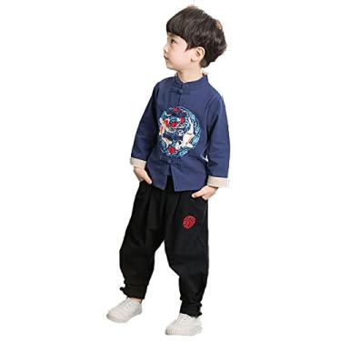 Imagem de Yajun Conjunto de 2 peças Tang Suit Hanfu top + calça roupas tradicionais chinesas para 3-14 Ye Kung Fu uniforme algodão cosplay roupa de palco, azul marinho, 160 cm