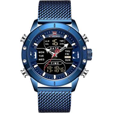 Imagem de SUKPETA Relógio masculino analógico digital com pulseira de malha de aço inoxidável, relógio esportivo à prova d'água com alarme, relógio de pulso de horário duplo militar, Azul, Digital,