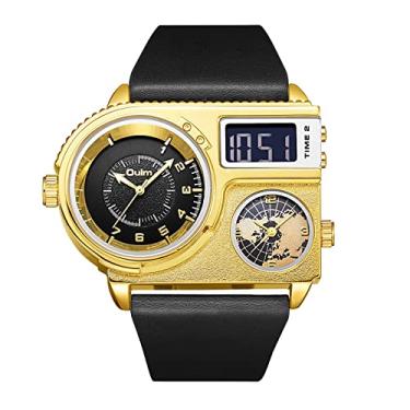 Imagem de Lancardo Relógio masculino irregular com três mostradores de fuso horário, relógio de pulso grande com pulseira de couro para negócios esportivos, Dourado