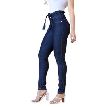 Calça jeans com clearance babado na cintura