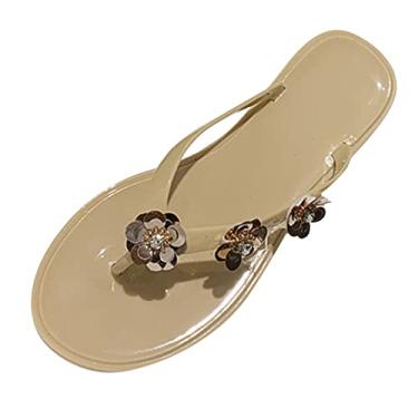 Imagem de Chinelo feminino fino sandália primavera e verão sandálias femininas planas chinelos flor moda feminina (bege, 38)