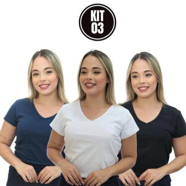 Imagem de Camisetas Feminina Algodão Baby Look Gola V Atacado Kit 3 Branco/ Mari