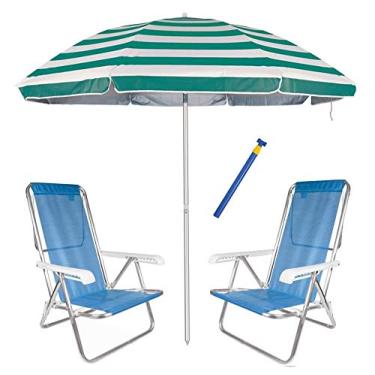 Imagem de Kit Praia 2 Cadeira Reclinável 8 Pos Sannet Alum + Guarda Sol 2,6m + Saca Areia - Mor - Azul