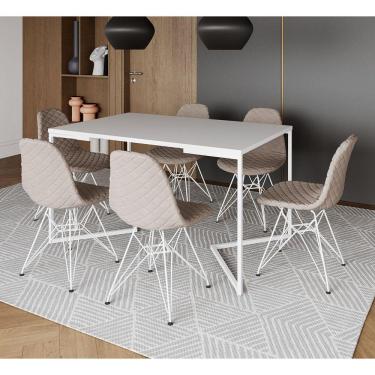 Imagem de Mesa Industrial Retangular Branca Base V 137x90cm C/ 6 Cadeiras Estofadas Nude Claro Eiffel Aço Bran
