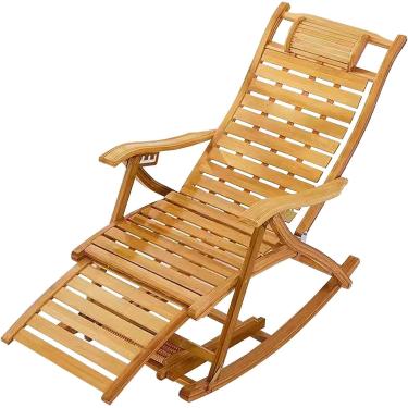 Imagem de Cadeira de balanço de jardim de bambu ao ar livre, cadeira dobrável de gravidade zero, cadeira reclinável de jardim resistente, espreguiçadeira ajustável de 5 posições, espreguiçadeira para