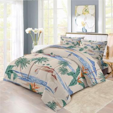 Imagem de Faeralei Conjunto de cama Setting Sun Coco Bed in A Bag 7 peças Summer Beach Coconut Grove Island, incluindo 1 lençol com elástico + 1 edredom + 4 fronhas + 1 lençol de cima (B, cama queen em uma