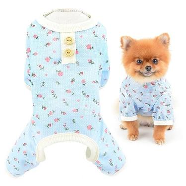 Imagem de SMALLLEE_LUCKY_STORE Roupas de cachorro pequeno fofo floral waffle malha pijama filhote pijama pijama gato pijama elástico macacão quente roupas de dormir para yorkie chihuahua, azul, G