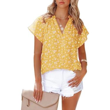 Imagem de Camisas casuais femininas Boho estampa floral manga curta cardigã tops meio botão para baixo decote em V blusas de chiffon, Amarelo, XXG