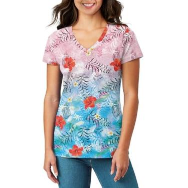 Imagem de Spowatriy Camisetas femininas com gola V, manga curta, básicas, estampadas, túnicas, soltas, verão, Flor tropical, P