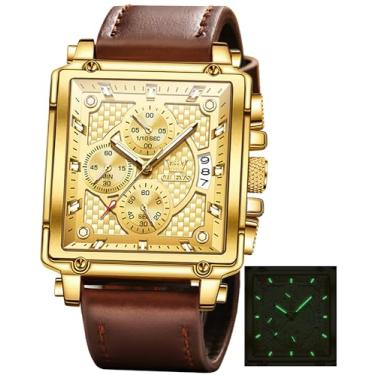 Imagem de OLEVS Relógios de pulso masculinos quadrados de couro multifuncional, cronógrafo, moderno, moderno, analógico, quartzo, luminoso, à prova d'água, Face dourada de couro marrom, relógios masculinos