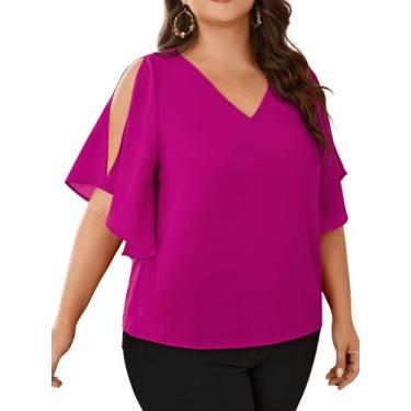 Imagem de Floerns Blusa feminina plus size gola V ombro vazado meia manga solta, Vermelho violeta, 3G Plus Size