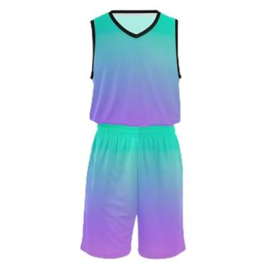 Imagem de Camiseta de basquete infantil gradiente turquesa aqua, ajuste confortável, camiseta de treino de futebol 5 a 13 anos, Gradiente verde e roxo vibrante, P