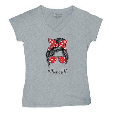 Imagem de Camiseta feminina Mom Life Messy Bun gola V moderna maternidade maternidade dia das mães mãe mamãe #Momlife camiseta, Cinza, M