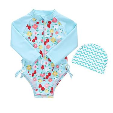 Imagem de Macaquinho unissex de manga comprida com estampa primavera verão para bebês recém-nascidos, roupa de banho rashguard para meninas, Azul claro, 6-9 Months