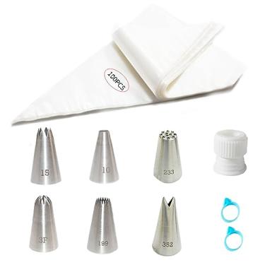 Imagem de Conjunto de sacos de confeitar e pontas, 109 peças de kit de decoração de bolo com 100 sacos de confeitaria descartáveis, 6 pontas de sacos de confeiteiro diferentes, 1 acoplador de saco de confeitar