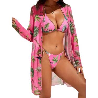 Imagem de KIFOVEN Maiô feminino, 3 peças, estampado, frente única, triangular, biquíni com saída de praia, rosa, G