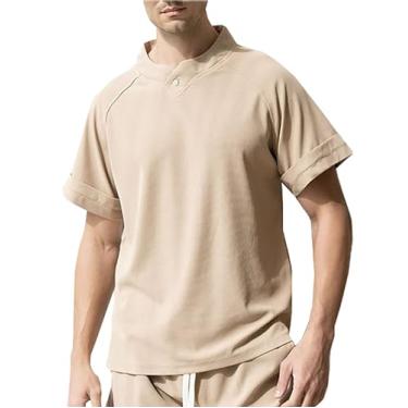 Imagem de NJNJGO Camiseta masculina Waffle leve de um botão camisetas básicas casuais verão manga curta, Caqui, GG